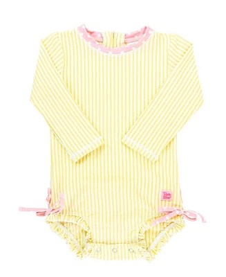 RuffleButts Girls Seersucker Long Sleeve UPF50+ One Piece Rash Guard in Banana at Nordstrom