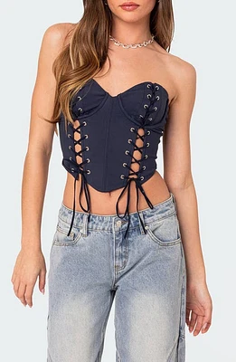 EDIKTED McKenna Lace-Up Strapless Corset Crop Top Navy at Nordstrom,