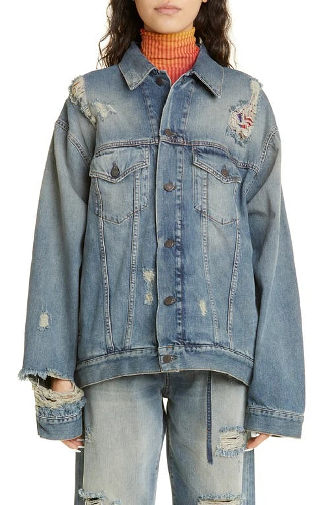 Acne Studios Detroit Destroyed Relaxed Denim Jacket in Mid Blue at Nordstrom, Size Small