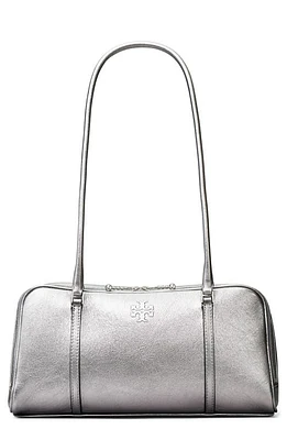 Tory Burch T Monogram Small Metallic Marshmallow Satchel in Shiny Gunmetal /Bay Gray at Nordstrom