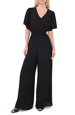 CeCe Smocked Waist Wide Leg Jumpsuit Rich Black at Nordstrom,