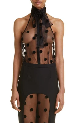 LaQuan Smith Polka Dot Sheer Tie Neck Mesh Bodysuit Black at Nordstrom,