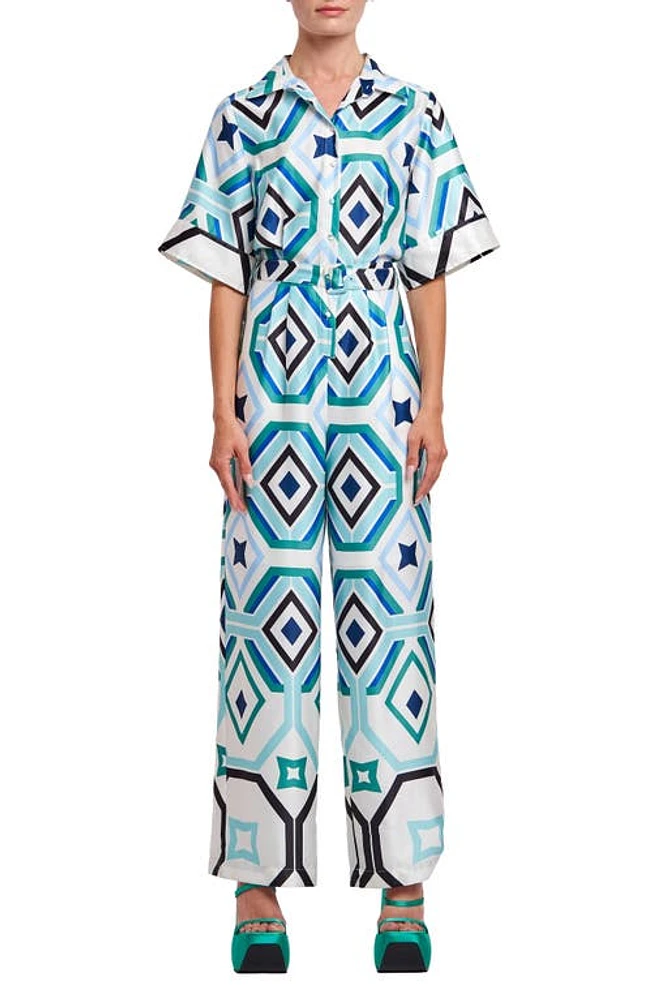 CIEBON Averyn Geo Print Jumpsuit Teal at Nordstrom,