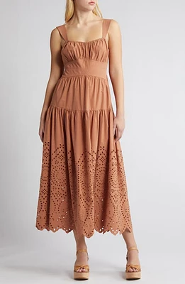 MOON RIVER Eyelet Cotton Midi Sundress Terracotta at Nordstrom,