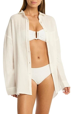 Sea Level Sunset Beach Oversize Cotton Cover-Up Shirt White at Nordstrom,