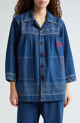 Bode Quincy Embroidered Denim Jacket Indigo at Nordstrom,