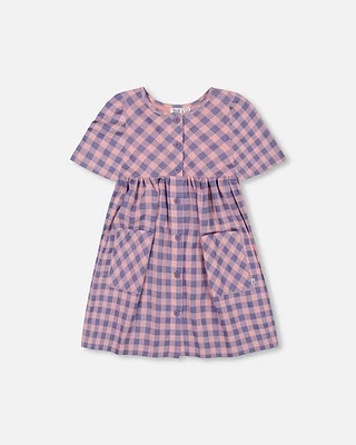 Deux Par Deux Girl's Button Front Dress With Pockets Plaid Pink And Blue at Nordstrom