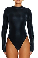 Naked Wardrobe Liquid Suede Funnel Neck Faux Leather Bodysuit in Black at Nordstrom, Size X-Small