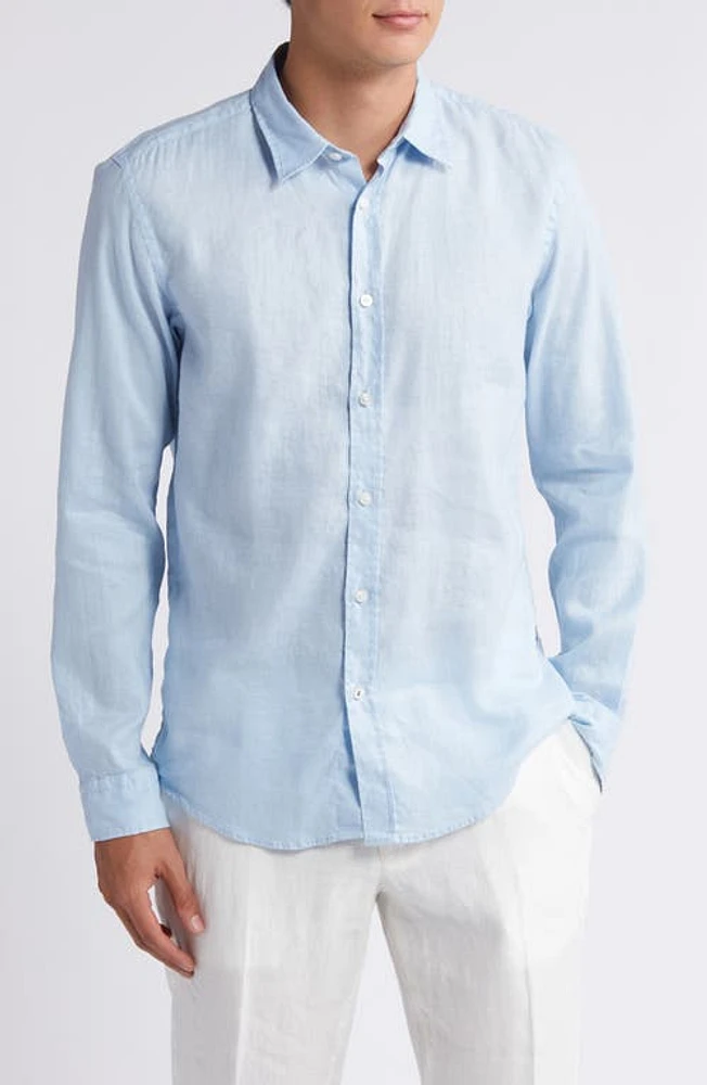 BOSS Roan Slim Fit Stretch Linen Blend Button-Up Shirt Light Blue at Nordstrom,