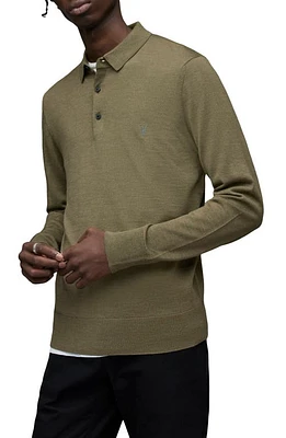 AllSaints Mode Long Sleeve Merino Wool Polo in Olive Green Marl at Nordstrom, Size Xx-Large