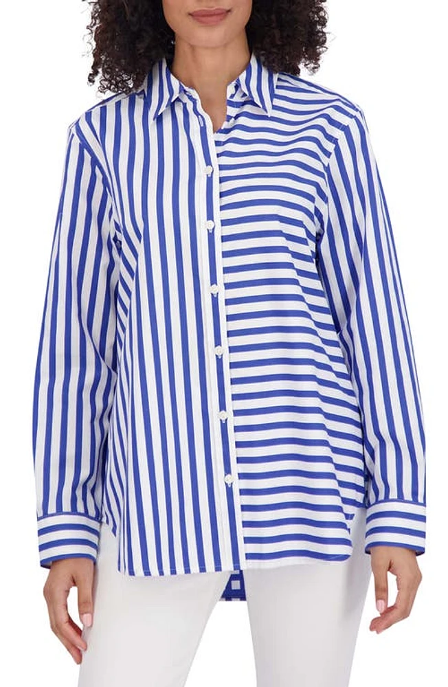 Foxcroft Mix Stripe Boyfriend Shirt Blue/White at Nordstrom,