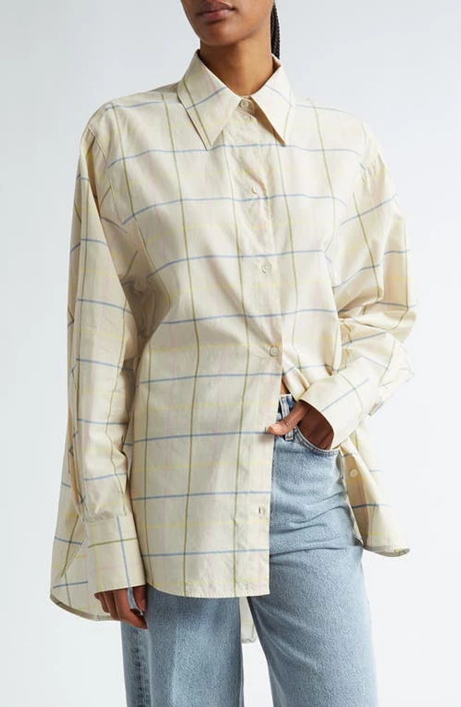 TOTEME Windowpane Check Oversize Organic Cotton Poplin Button-Up Shirt Summer at Nordstrom, Us