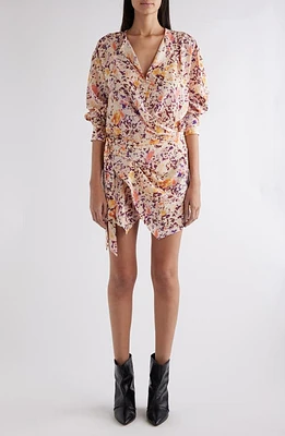 Isabel Marant Habla Floral Asymmetric Long Sleeve Stretch Silk Wrap Dress Ecru/Plum at Nordstrom, Us