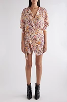 Isabel Marant Habla Floral Asymmetric Long Sleeve Stretch Silk Wrap Dress Ecru/Plum at Nordstrom, Us