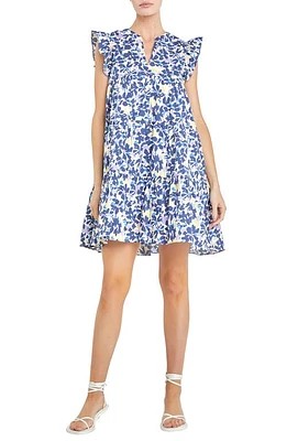 English Factory Floral Ruffle Cap Sleeve Babydoll Minidress Blue Multi at Nordstrom,