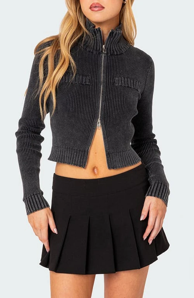 EDIKTED Torey Rib Cotton Zip Cardigan Dark-Gray at Nordstrom,