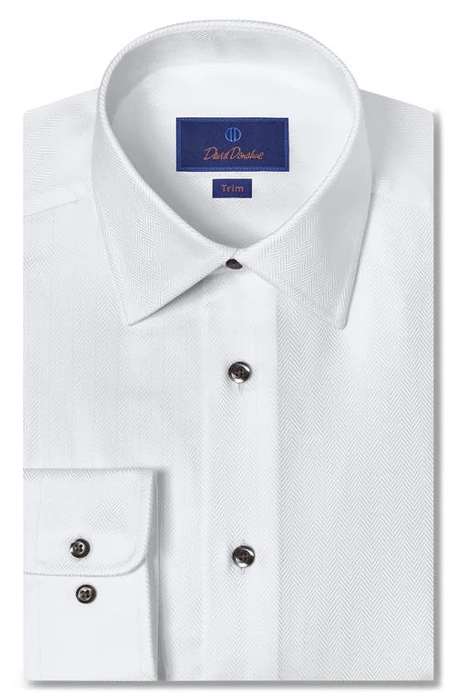 David Donahue Trim Fit Solid Herringbone Dress Shirt in White at Nordstrom, Size 17 - 36