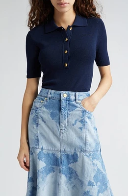 Ganni Short Sleeve Merino Wool Polo Top Sky Captain at Nordstrom,