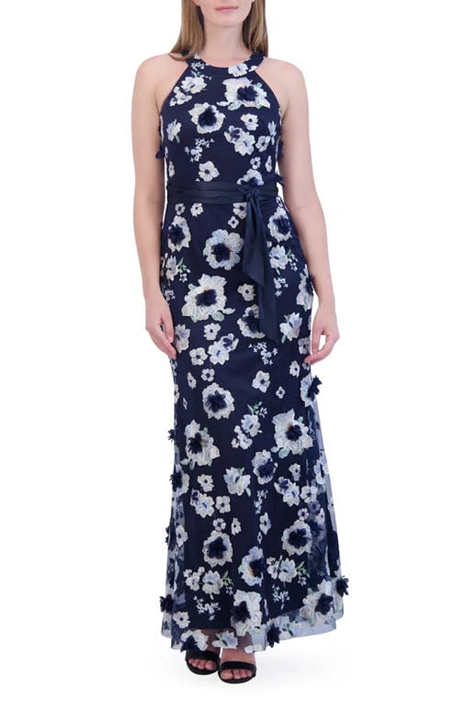 Eliza J Embroidered Floral Appliqué Halter Neck Gown Navy at Nordstrom,