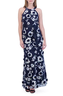 Eliza J Embroidered Floral Appliqué Halter Neck Gown Navy at Nordstrom,