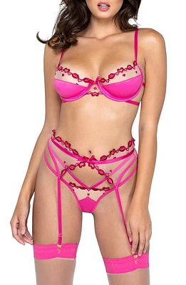 Roma Confidential Kiss & Tell Underwire Bra, Garter Belt & Thong Set in Pink at Nordstrom, Size X-Small