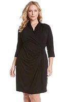 Karen Kane Three Quarter Sleeve Jersey Cascade Faux Wrap Dress Black at Nordstrom,