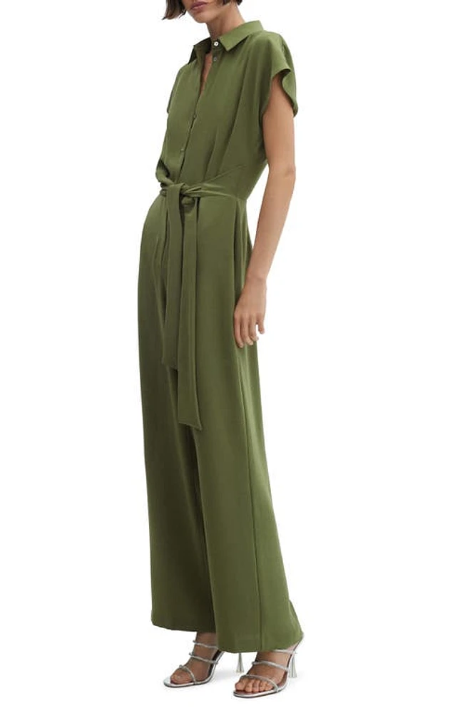 MANGO Tie Waist Wide Leg Jumpsuit Green at Nordstrom,