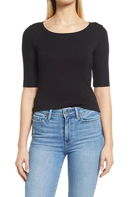 caslon(r) Ballet Neck Cotton & Modal Knit Elbow Sleeve Tee Black at Nordstrom,