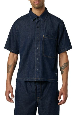 Hudson Jeans Crop Short Sleeve Denim Snap Front Shirt Dark Chambray at Nordstrom,