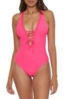 Becca Modern Edge Ribbed Lace-Up Plunge One-Piece Swimsuit at Nordstrom,