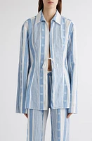 Givenchy 4G Mixed Stripe Front Tie Cotton & Linen Tunic Blue/Off White at Nordstrom, Us