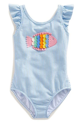 Mini Boden Kids' Logo Flutter Sleeve One-Piece Swimsuit Blue Fish at Nordstrom,