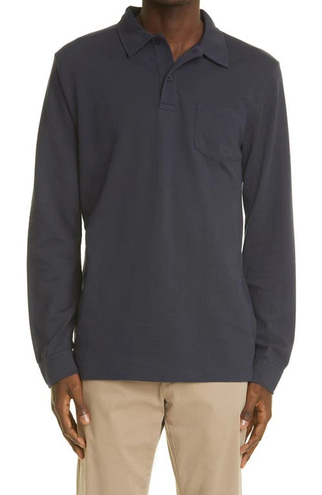 Sunspel Riviera Long Sleeve Mesh Pocket Polo in Navy at Nordstrom, Size Small