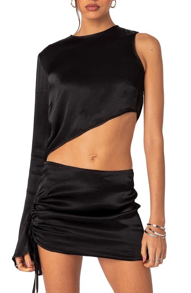 EDIKTED Solstice Asymmetric Satin Top Black at Nordstrom,