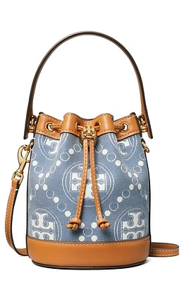 Tory Burch Mini T-Monogram Denim Bucket Bag in Blue Multi at Nordstrom