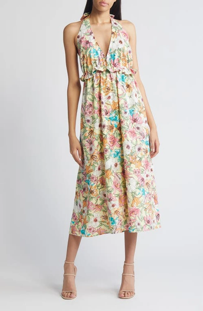 Charles Henry Floral Halter Linen Blend Midi Dress Yellow Lily at Nordstrom,