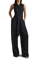 Reiss Perla Belted Button Front Wide Leg Jumpsuit in Navy at Nordstrom, Size 6 Us