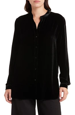 Eileen Fisher Band Collar Velvet Button-Up Shirt in Black at Nordstrom, Size Medium P