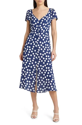 Charles Henry Button Front Crinkled Crepe Midi Dress Navy Polka-Dot at Nordstrom,