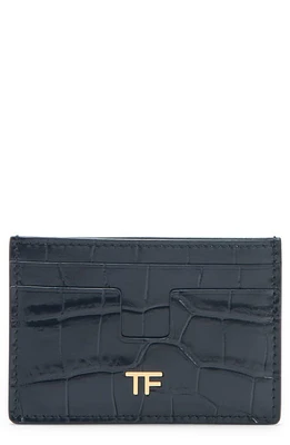 TOM FORD T-Line Croc Embossed Leather Card Holder in Black at Nordstrom