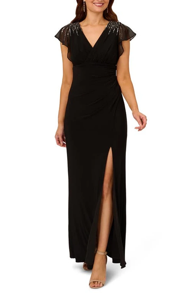 Adrianna Papell Beaded Jersey & Chiffon Faux Wrap Gown in Black at Nordstrom, Size 10