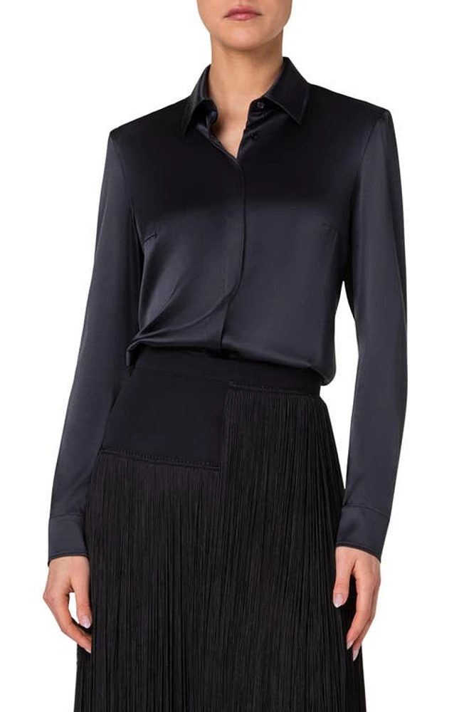 Akris Silk Stretch Satin Button-Up Shirt Black at Nordstrom,