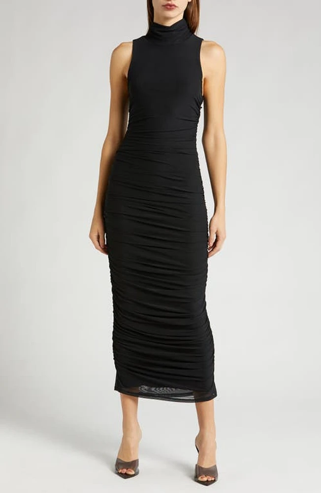 AFRM Fiorella Ruched Scrunch Neck Sleeveless Midi Dress Noir at Nordstrom,