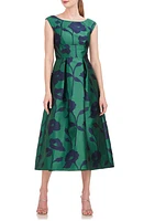 Kay Unger Jenni Floral Jacquard A-Line Dress Emerald/Navy at Nordstrom,