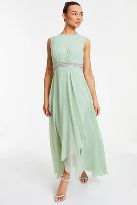 QUIZ Chiffon Embellished Round Neck Evening Dress Green at Nordstrom,