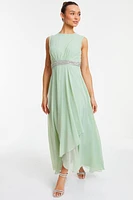 QUIZ Chiffon Embellished Round Neck Evening Dress Green at Nordstrom,