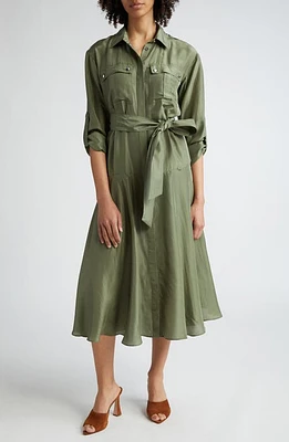 Veronica Beard Camille Tie Waist Long Sleeve Silk Midi Dress Stone Army at Nordstrom,