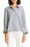 TWP Dude Stripe Crop Cotton Button-Up Shirt White/Hunter Green at Nordstrom,