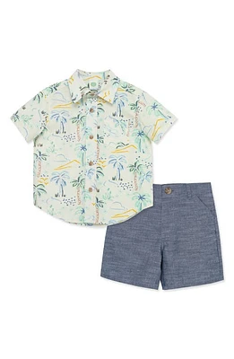 Little Me Tropical Short Sleeve Button-Up Shirt & Shorts Set Blue at Nordstrom,