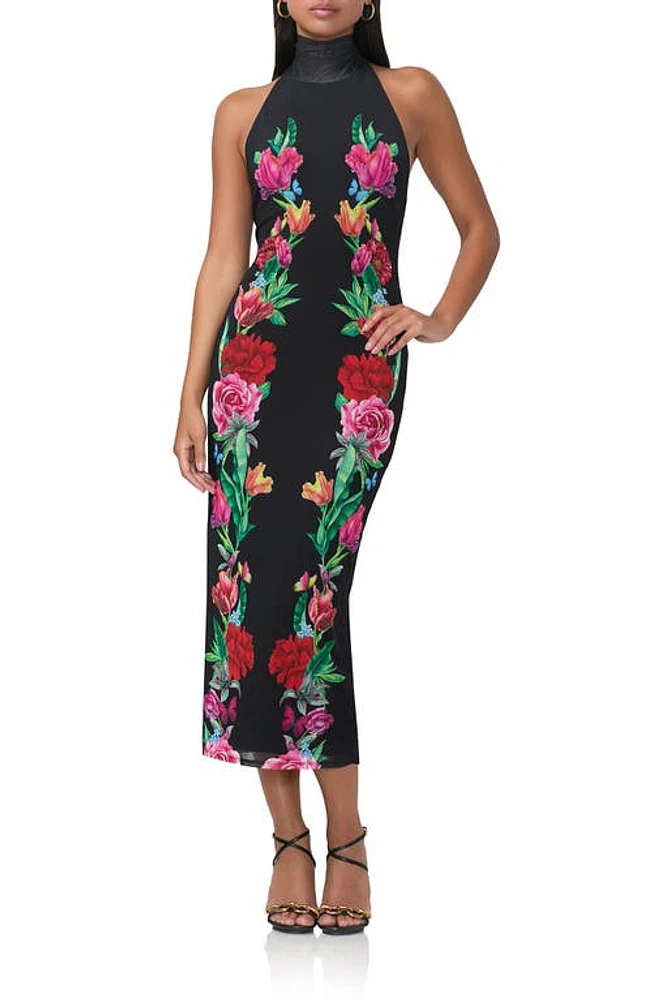 AFRM Olimpia Printed Turtleneck Mesh Halter Dress Floral at Nordstrom,